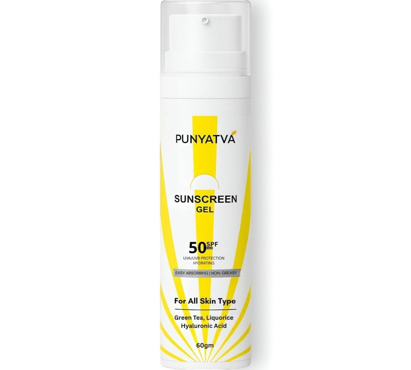 PUNYATVA SPF 50 Sunscreen Gel for all skin types, hydrating, easy absorbing, non-greasy, with Green Tea, Liquorice, Hyaluronic Acid.