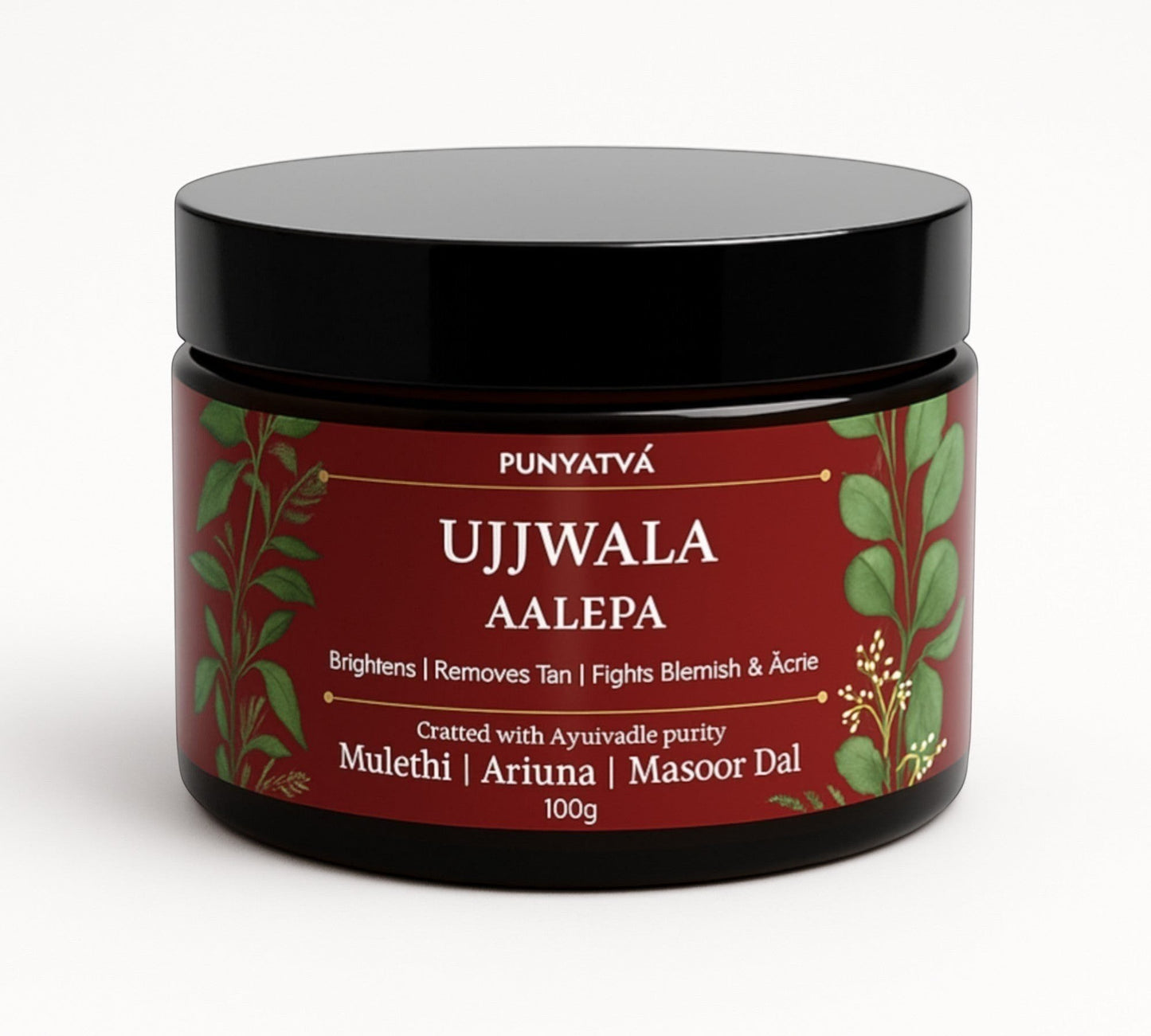 PUNYATVA Ujjwala Aalepa Ayurvedic face pack with Mulethi, Arjuna, and Masoor Dal for brightening and tan removal.