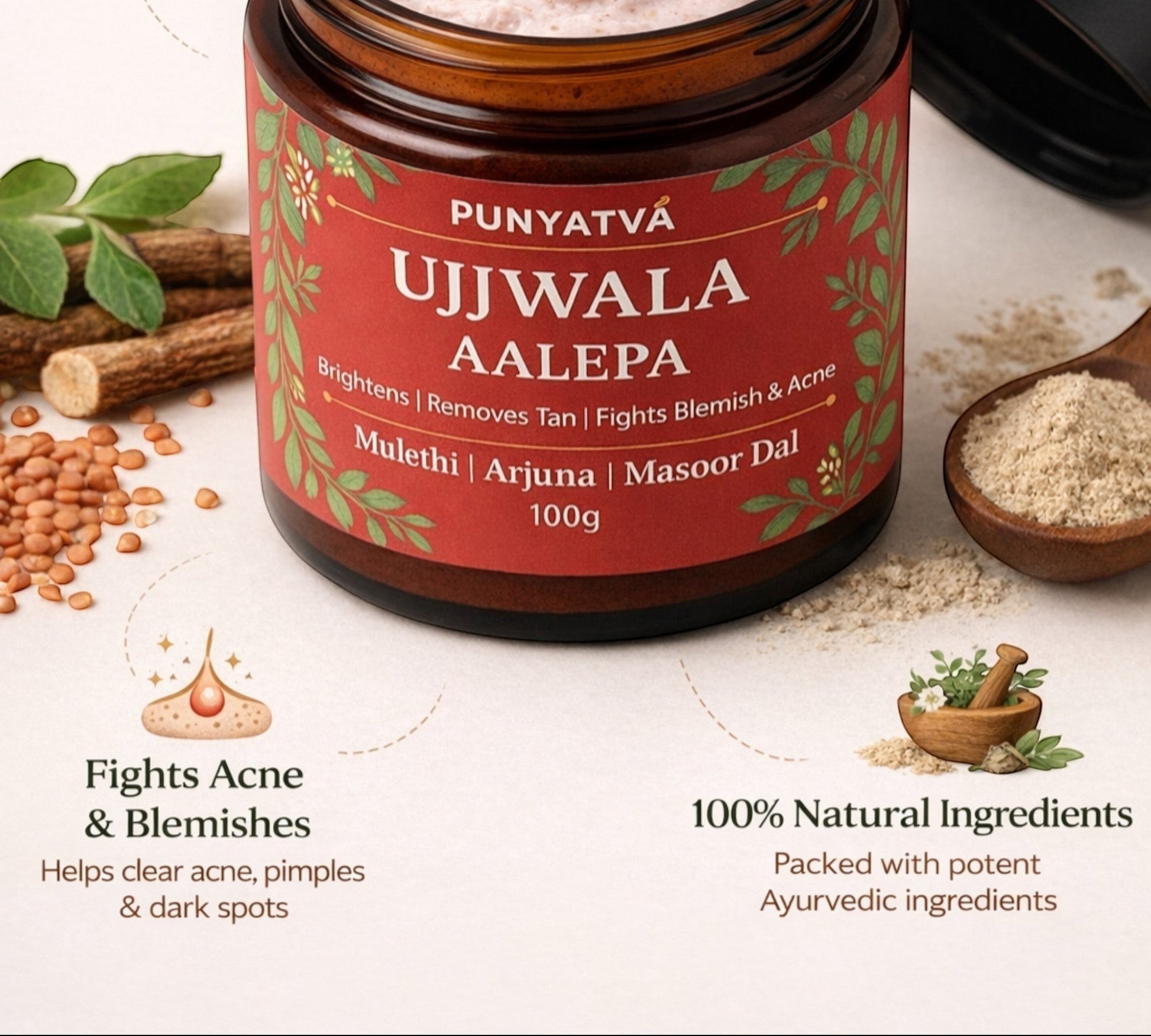 PUNYATVA Ujjwala Aalepa Ayurvedic face pack in a glass jar, a pinkish powder with visible exfoliating particles, for brightening skin and removing tan.