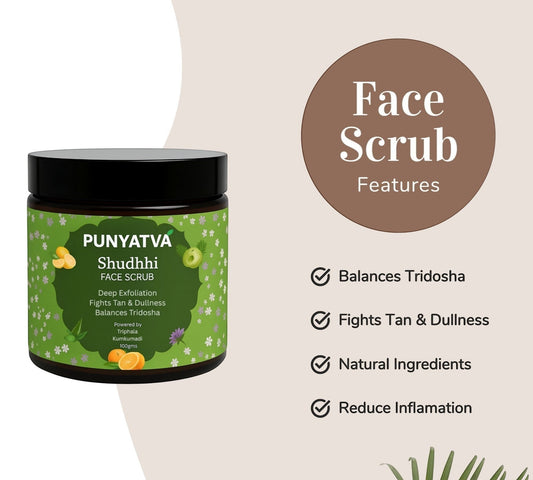 PUNYATVA Shudhhi Ayurvedic face scrub in a green jar with orange, aloe vera, and amla motifs. Deep exfoliation for tan and dullness.