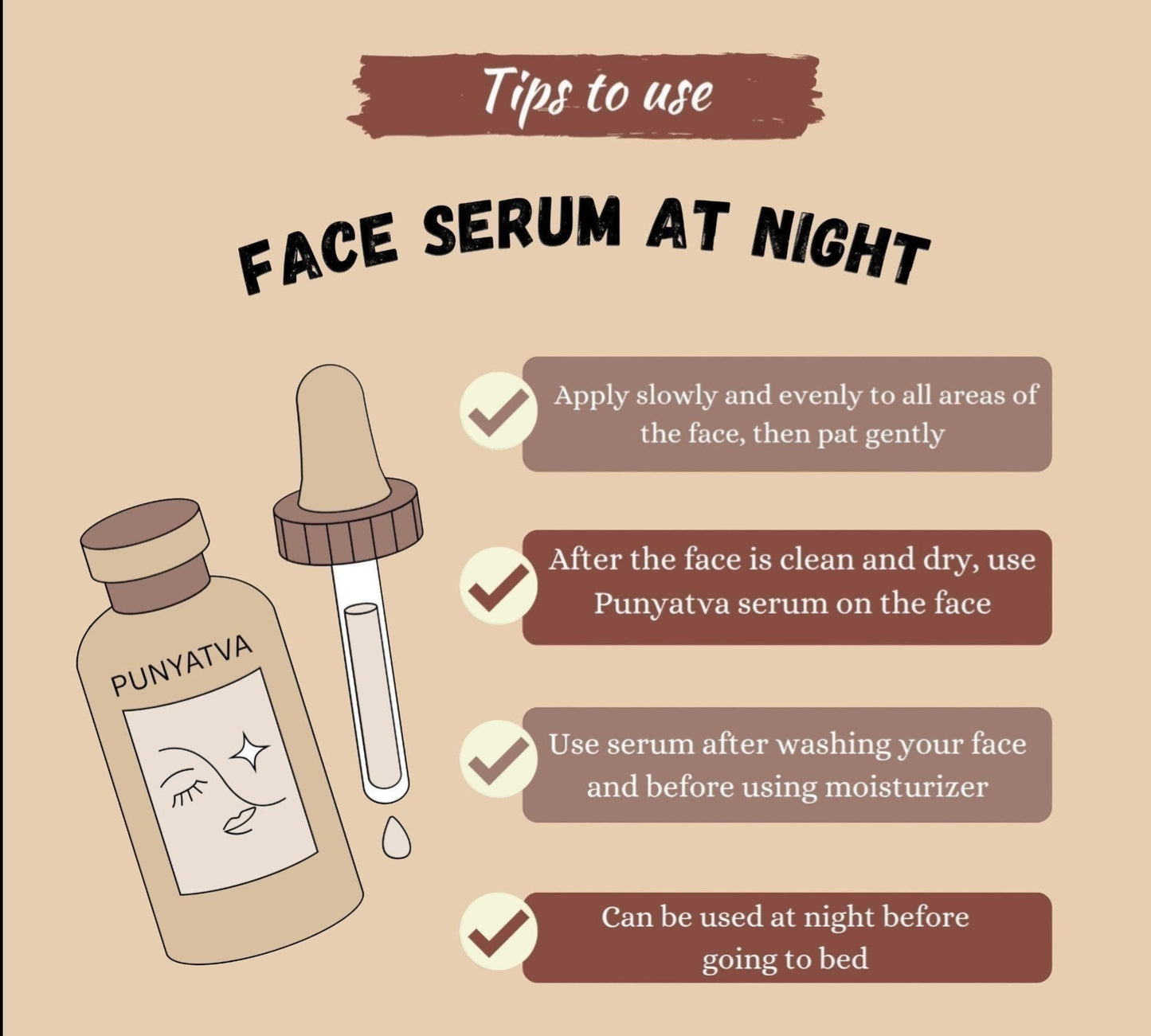 PunyATVA Ayurvedic face serum bottle with dropper, featuring Pearl Extract, Vitamin C. Tips for night use.