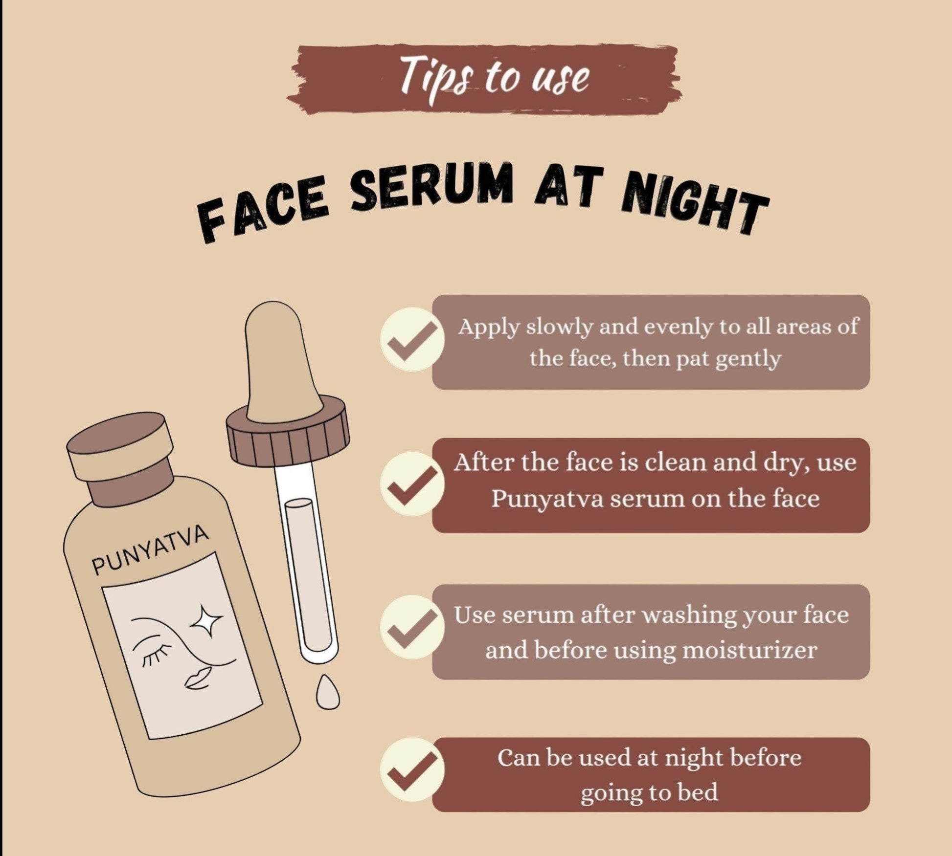 PunyATVA Ayurvedic face serum bottle with dropper, featuring Pearl Extract, Vitamin C. Tips for night use.