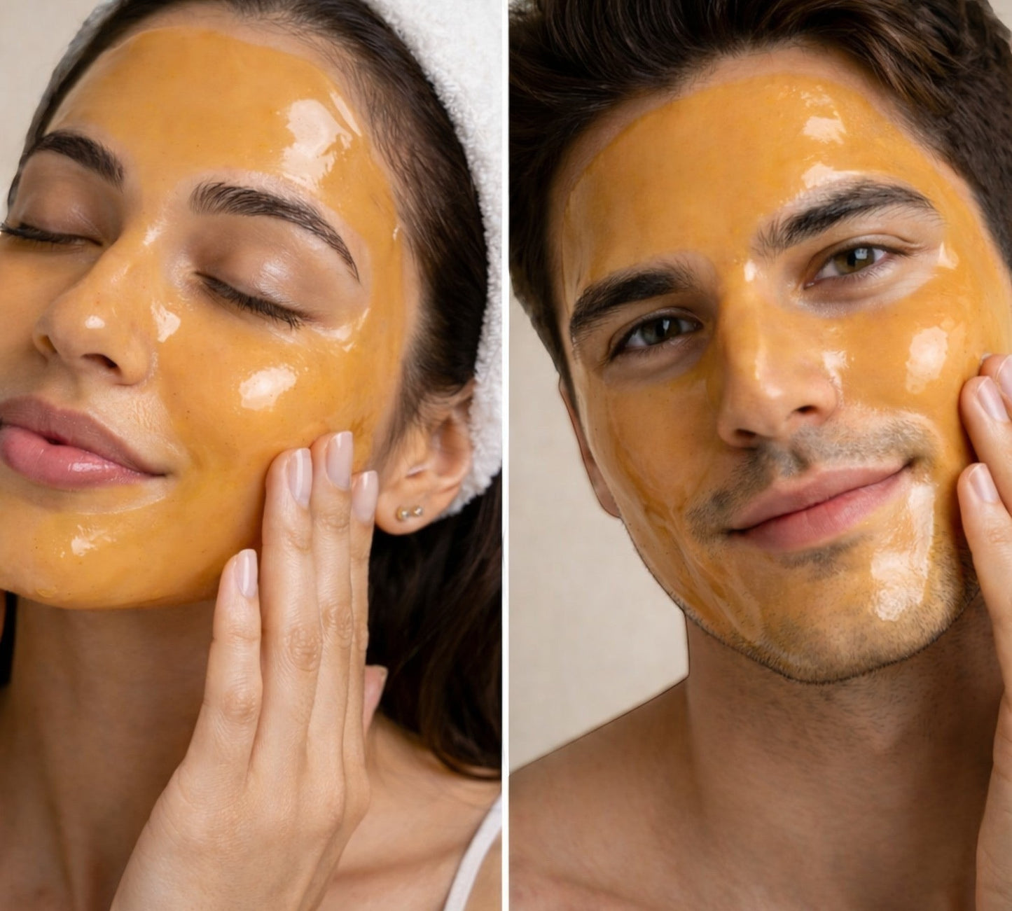 PUNYATVA Nalpamara gel face mask in orange hue, applied to a woman and man for soothing and hydration.