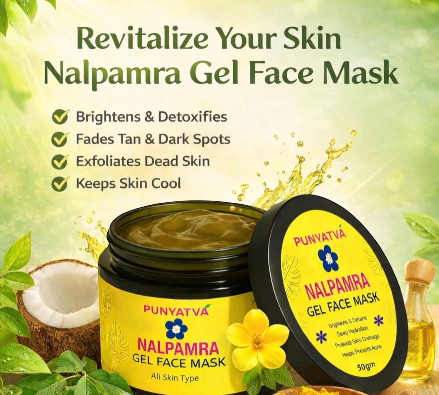 PUNYATVA Nalpamra Gel Face Mask, a soothing, cooling, and detoxifying gel mask for all skin types, featuring aloe vera and turmeric.