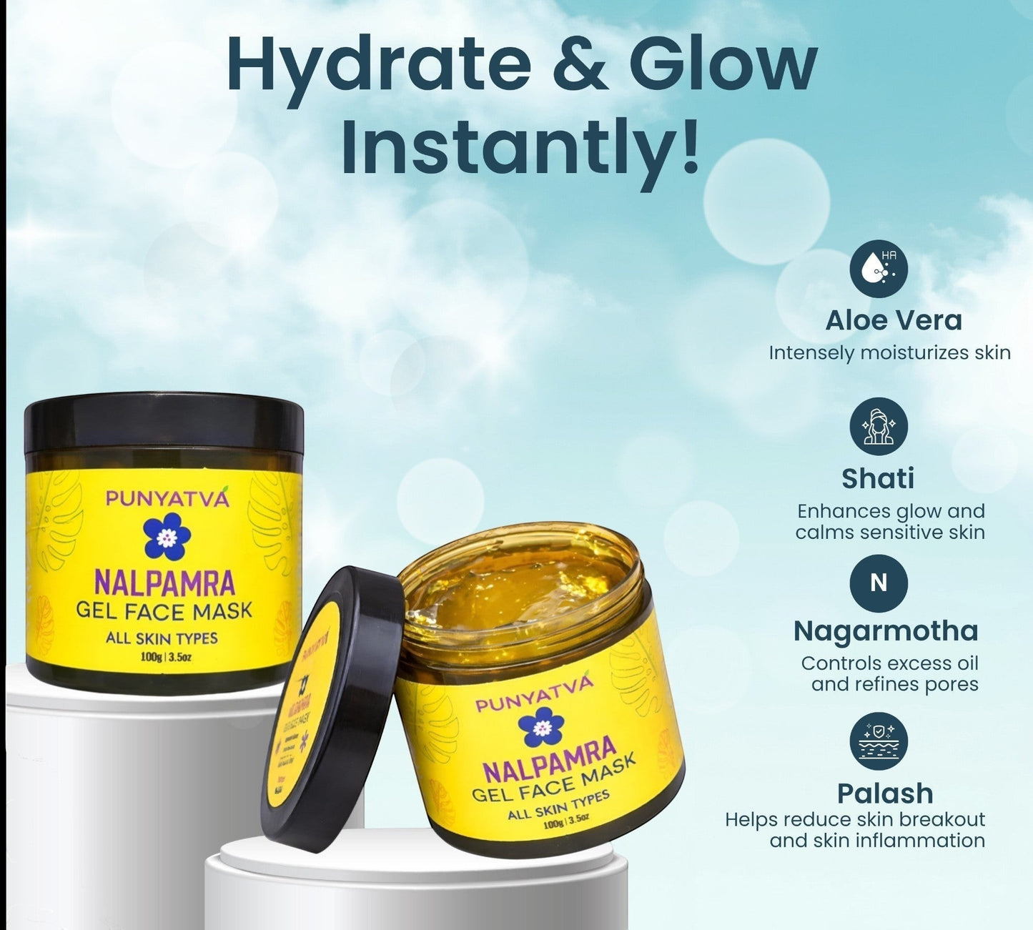 PunyAtva Nalpamra Gel Face Mask, a soothing, hydrating, and detoxifying gel mask for all skin types, featuring aloe vera and palash for instant cooling and glow.