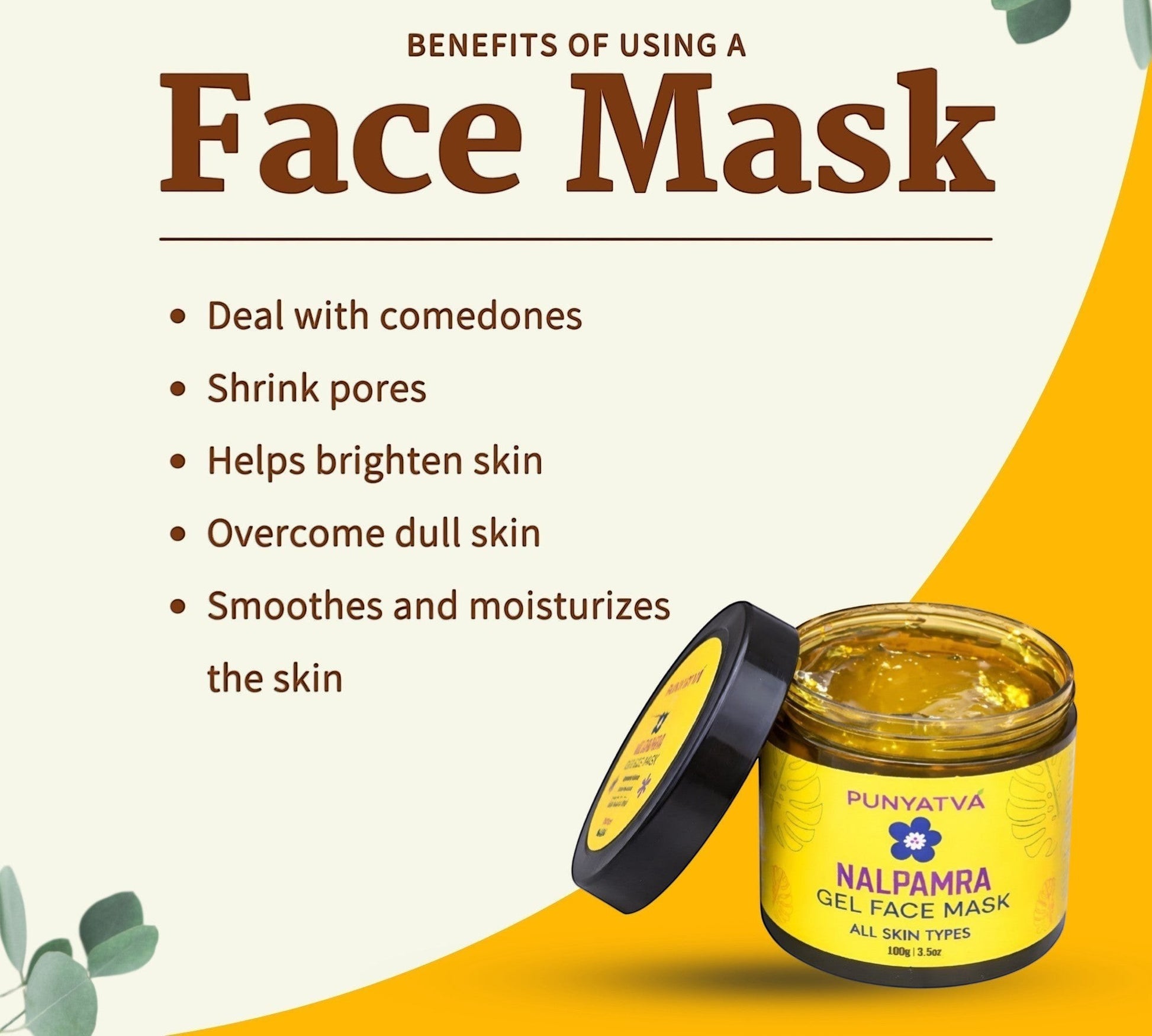 PUNYATVA Nalpamra Gel Face Mask in a clear jar with a black lid, featuring a yellow label. The gel is golden and translucent.