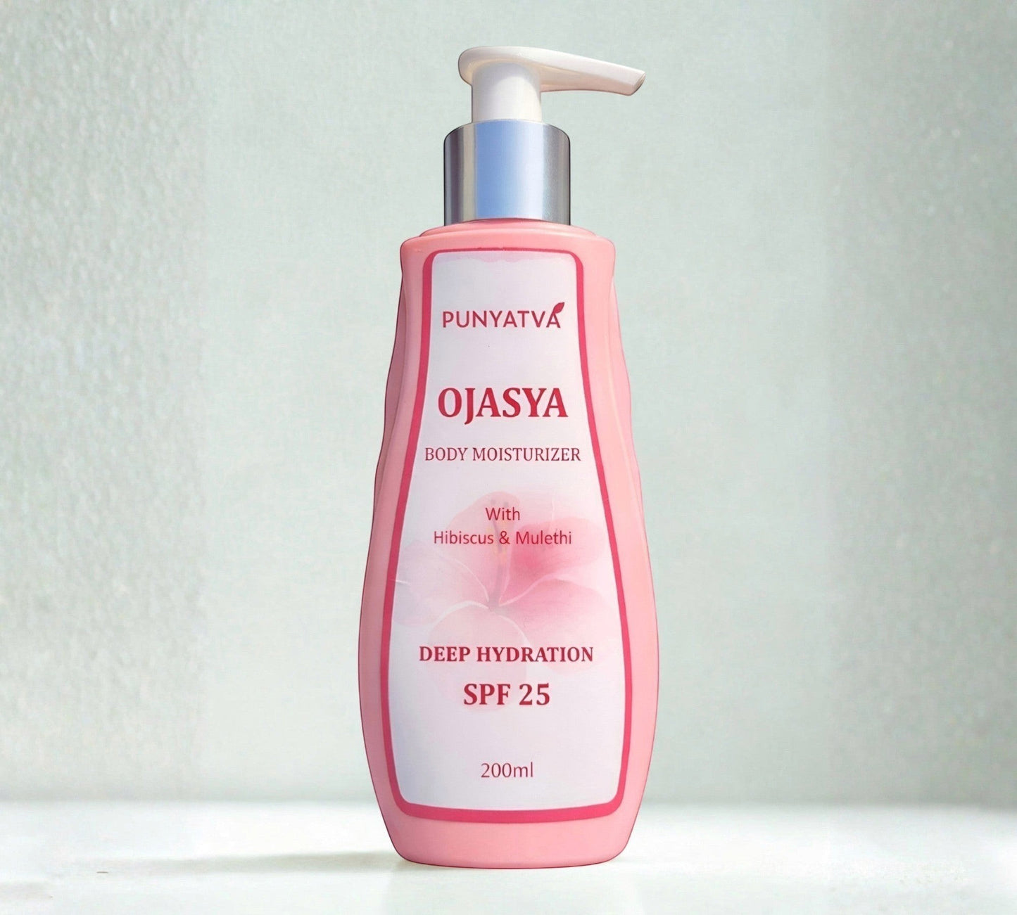 PUNYATVA Ojasya pink body moisturizer with SPF 25, 200ml, featuring hibiscus and mulethi for deep hydration.