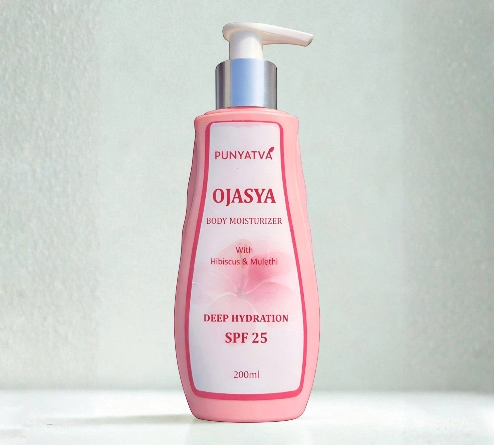 PUNYATVA Ojasya pink body moisturizer with SPF 25, 200ml, featuring hibiscus and mulethi for deep hydration.