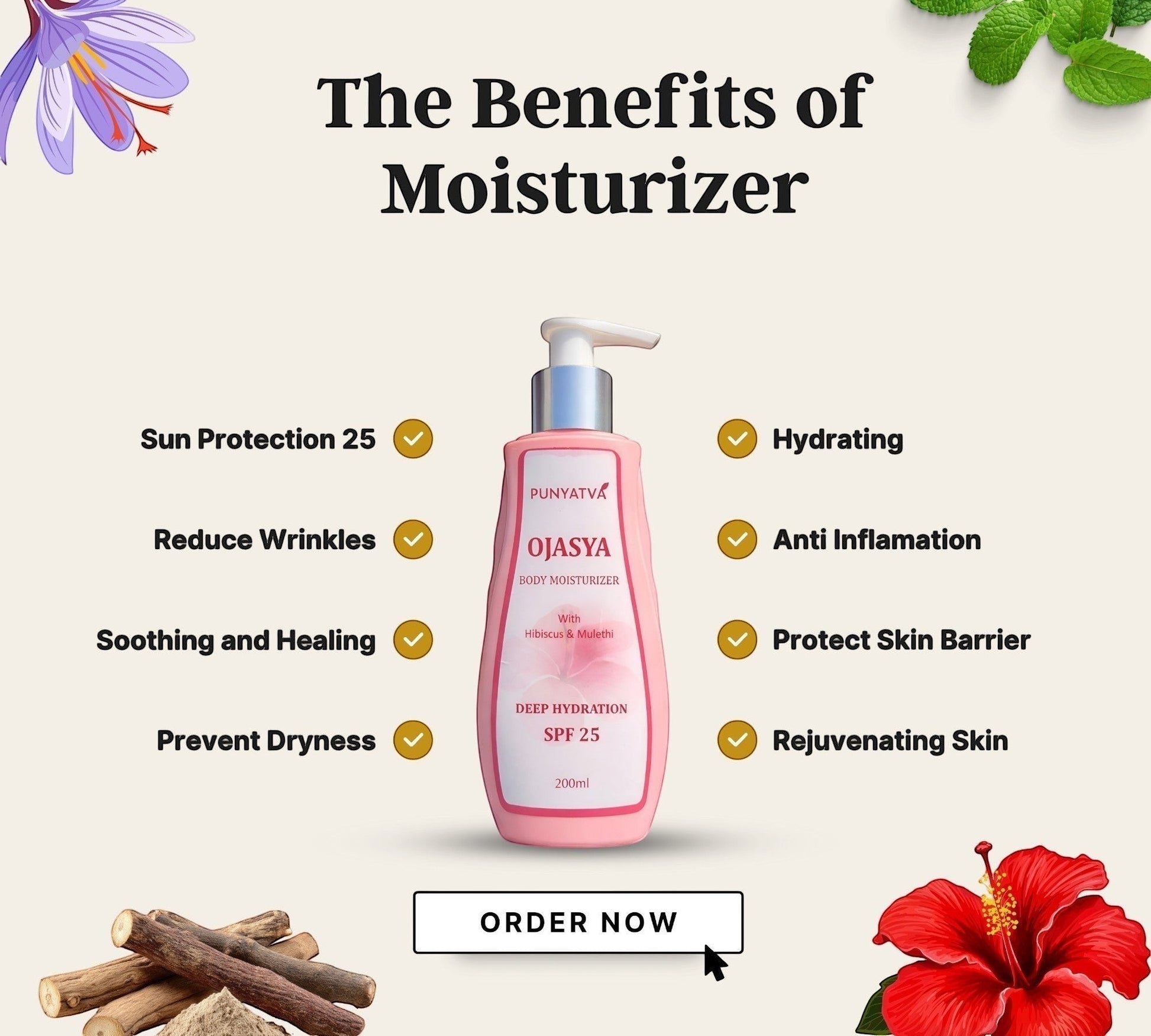 PUNYATVA Ojasya Body Moisturizer SPF 25, pink bottle with pump, 200ml, for dry skin, hydration, sun protection.