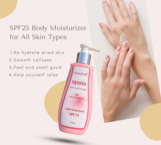 PUNYATVA Ojasya SPF 25 Body Moisturizer for all skin types, 200ml bottle with pump dispenser.