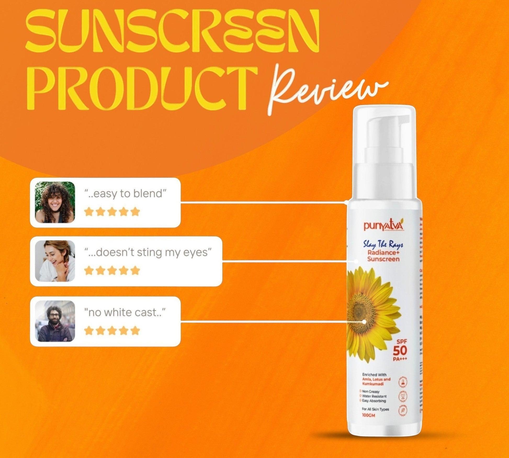 PUNYATVA Slay The Rays Radiance+ Sunscreen SPF 50 PA+++, cream-based, non-greasy, water-resistant, easy absorbing for all skin types.