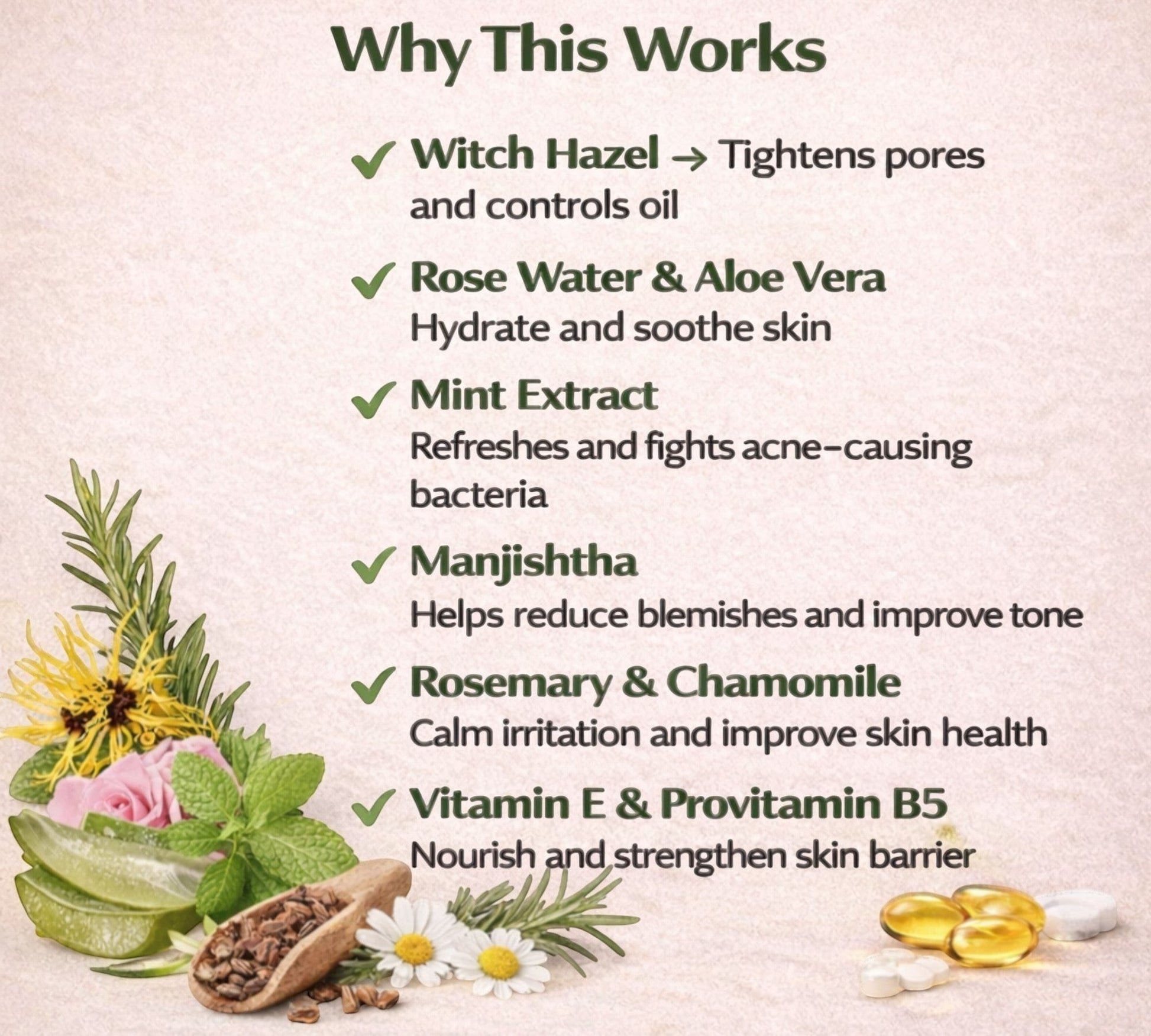 PUNYATVA Saumya Ras Facial Toner with Witch Hazel, Rose Water, Aloe Vera, Mint, Manjishtha, Rosemary, Chamomile, Vitamin E, and Provitamin B5.