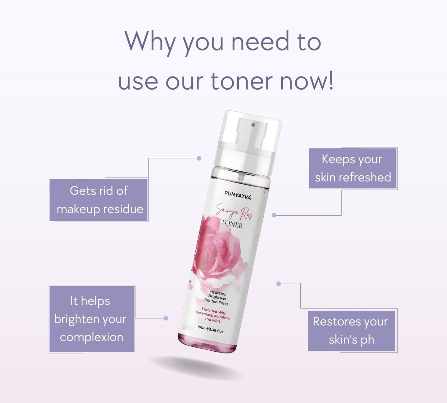 PUNYATVA Saumya Ras facial toner with rose illustration, 100ml bottle. Hydrates, tightens pores, refreshes skin.