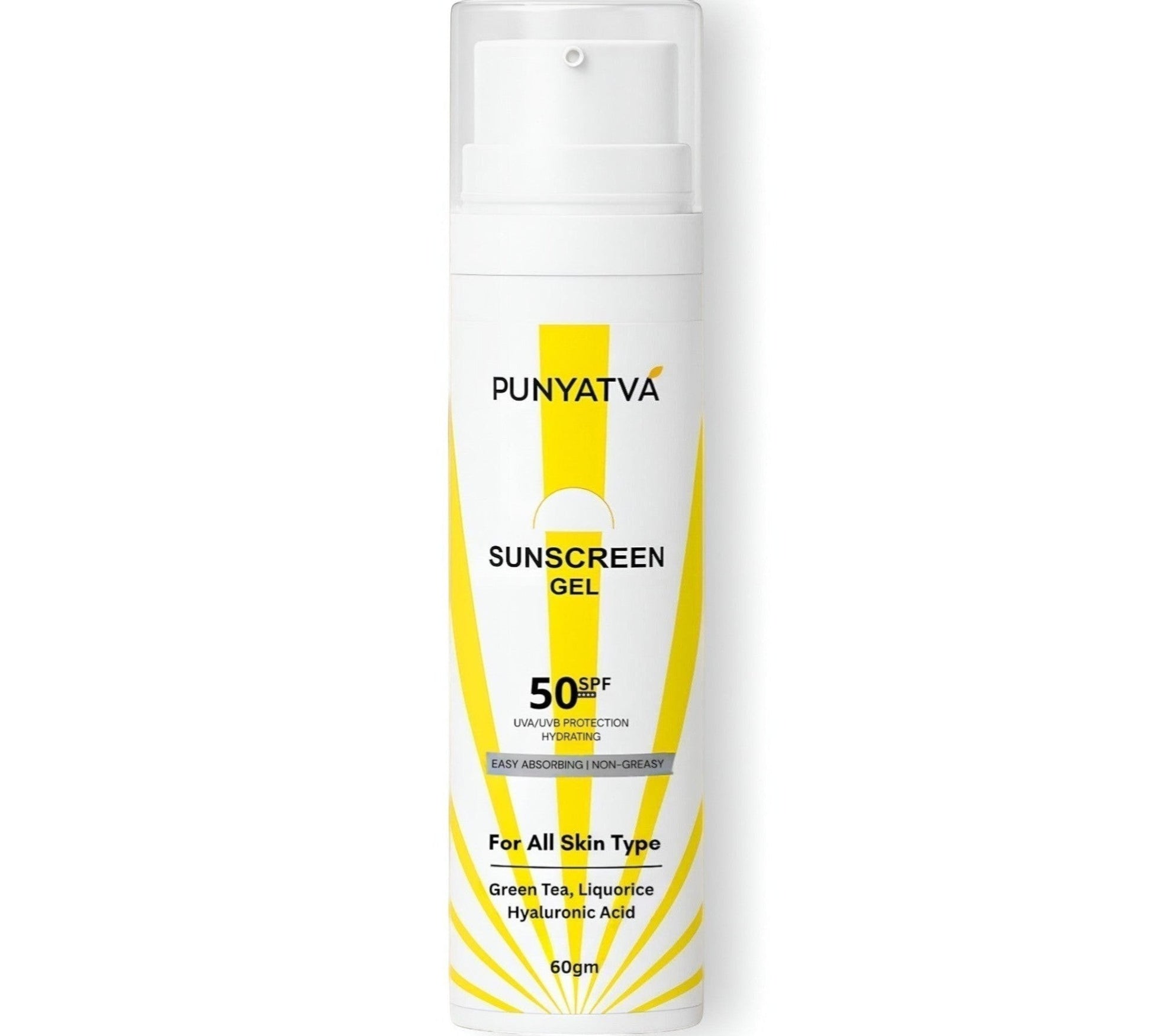 PUNYATVA SPF 50 Sunscreen Gel for all skin types, hydrating, easy absorbing, non-greasy, with Green Tea, Liquorice, Hyaluronic Acid.