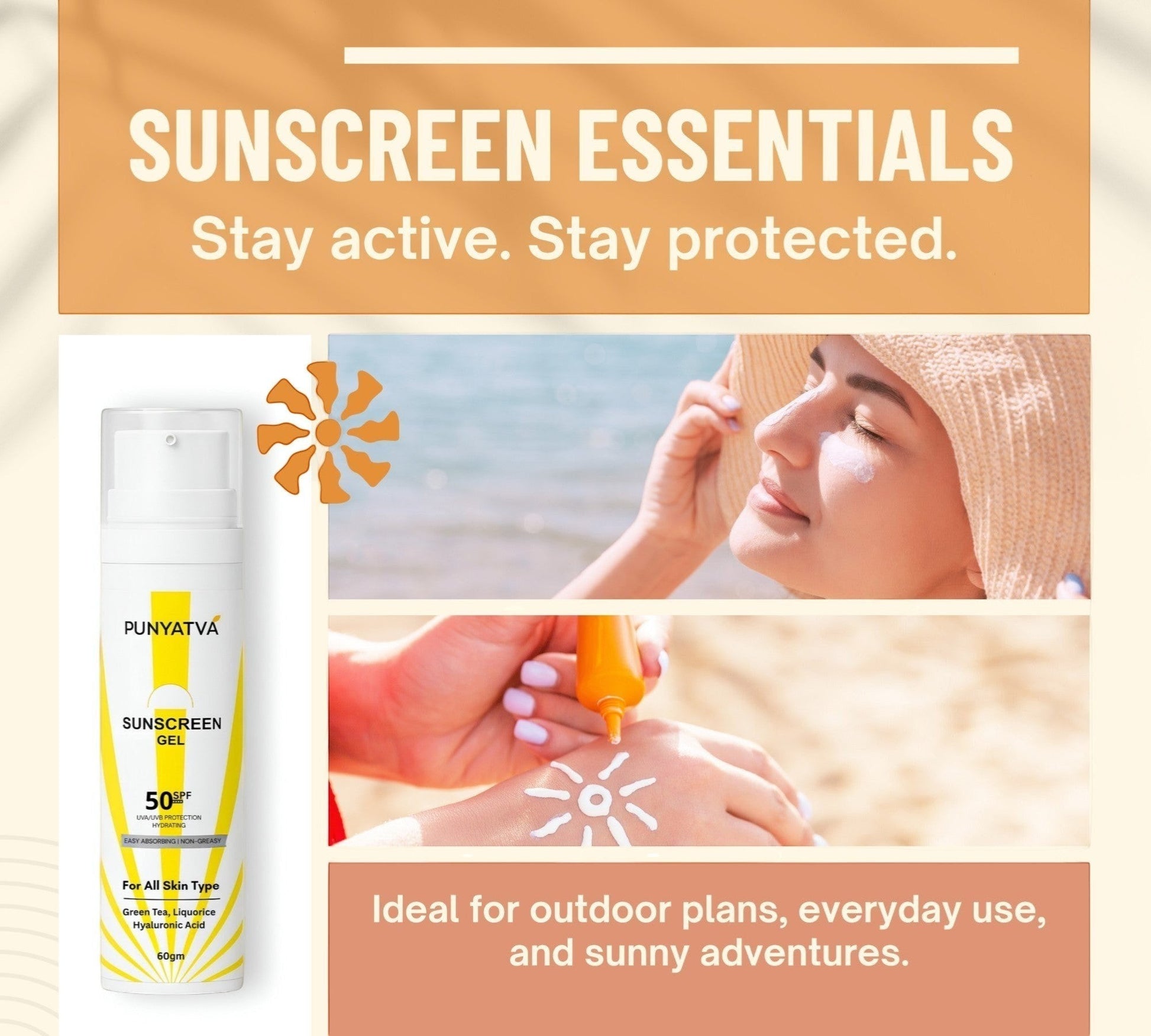 PUNYATVA Sunscreen Gel SPF 50, lightweight, non-greasy formula for daily sun protection.