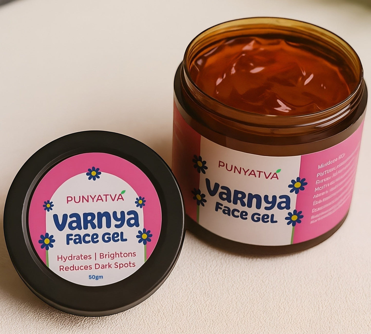 PUNYATVA Varnya Face Gel in a clear jar with amber gel, 50g. Hydrates, brightens, and reduces dark spots.