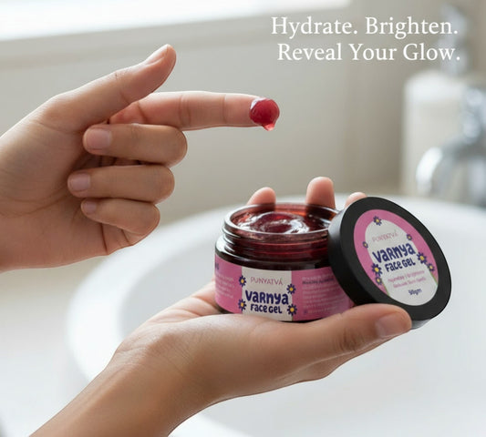 Punyava Varnya Face Gel, a lightweight, non-greasy Ayurvedic gel for dull skin and pigmentation. Hydrates and brightens.