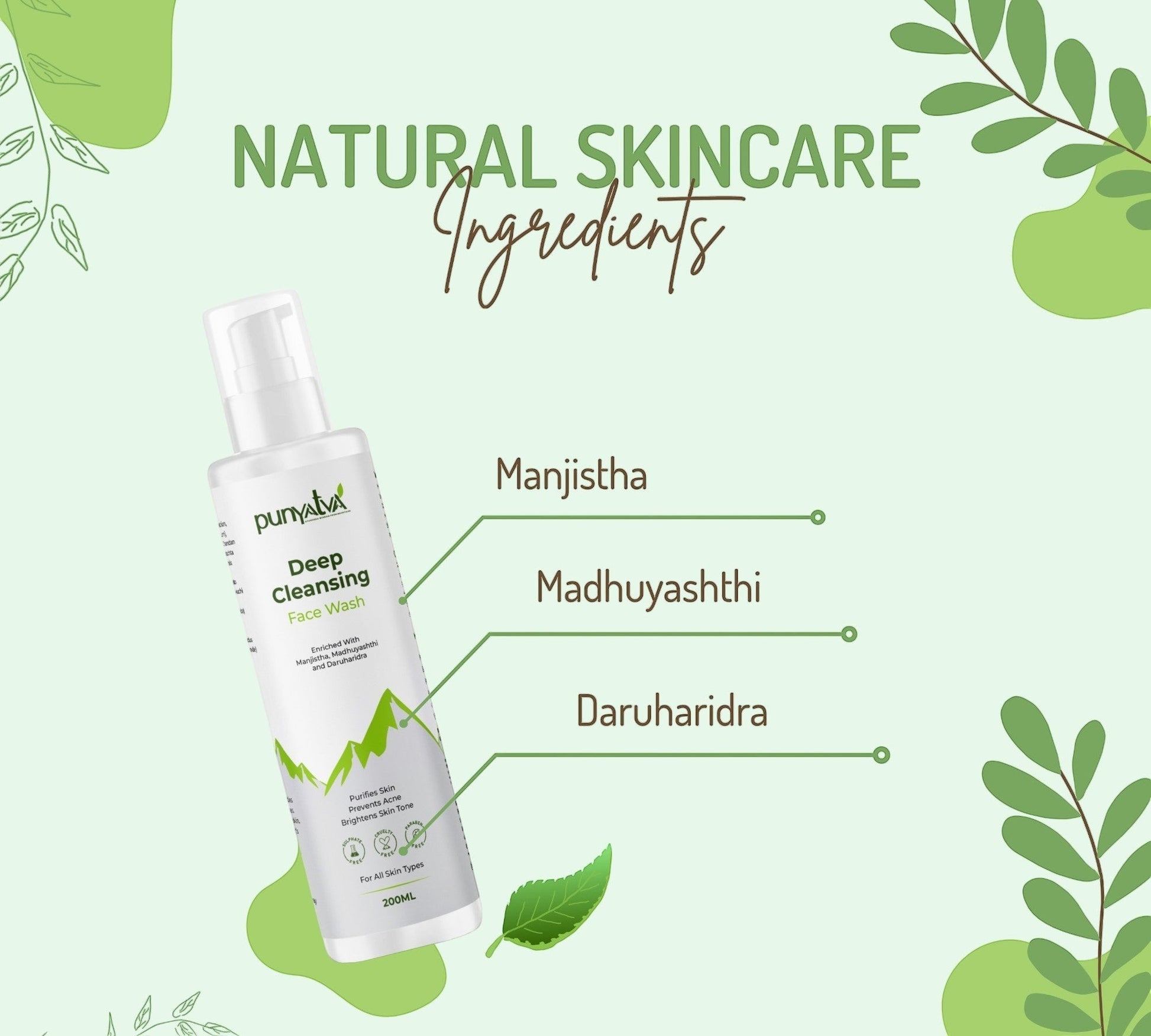 Punyava Deep Cleansing Face Wash with Manjishtha, Madhuyashthi, and Daruharidra for clear, fresh, glowing skin.