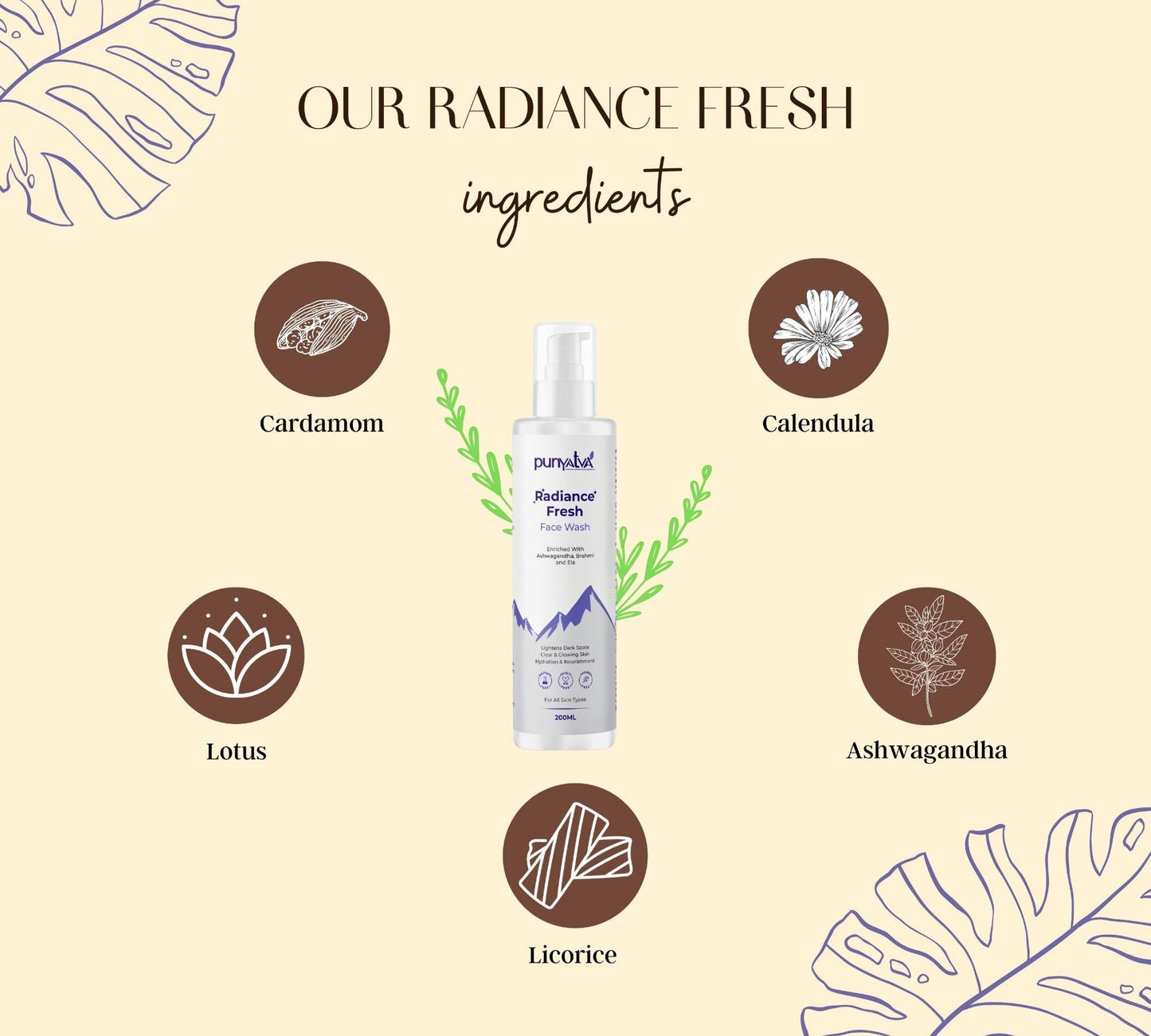 Punyava Radiance Fresh Face Wash with Cardamom, Calendula, Lotus, Ashwagandha, and Licorice for dull skin and uneven tone.
