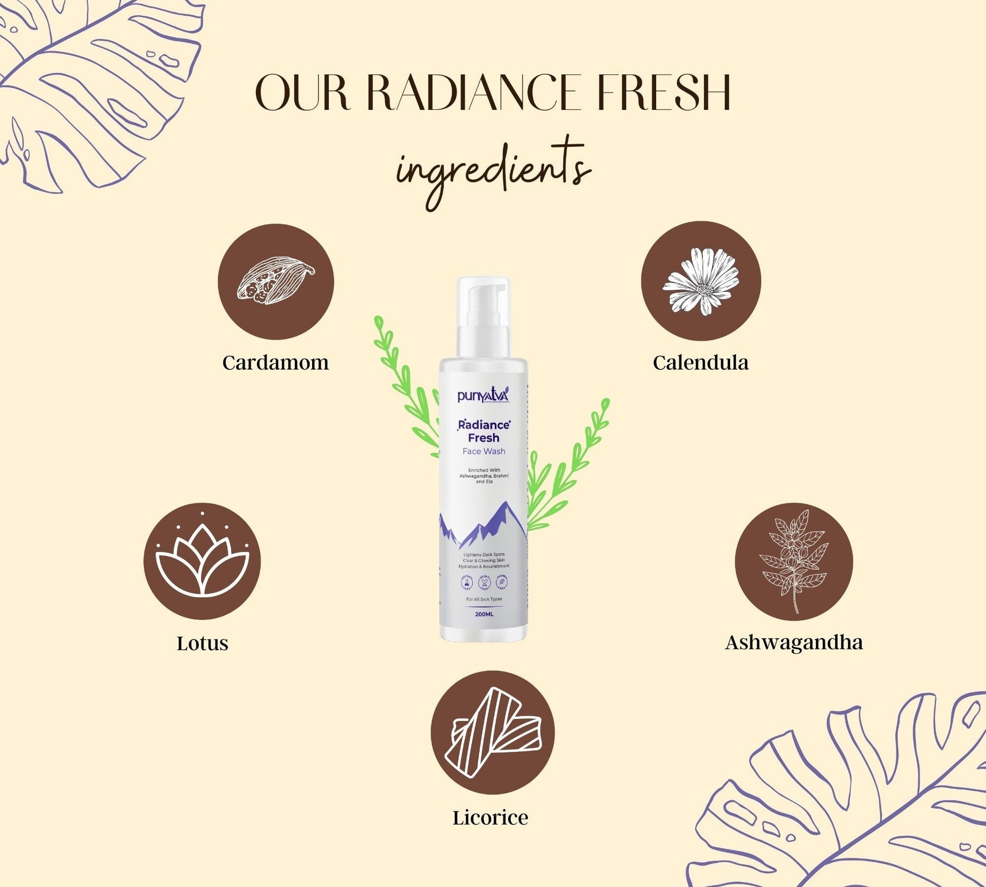 Punyava Radiance Fresh Face Wash with Cardamom, Calendula, Lotus, Ashwagandha, and Licorice for dull skin and uneven tone.